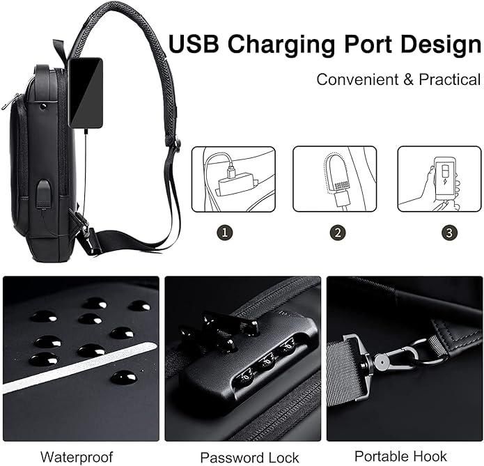 Crossbody Sling Bag for Men Women, Anti-Theft Fashion Chest Bag with Usb Charging Port, Messenger Bags, Waterproof Casual Shoulder Bag 18057